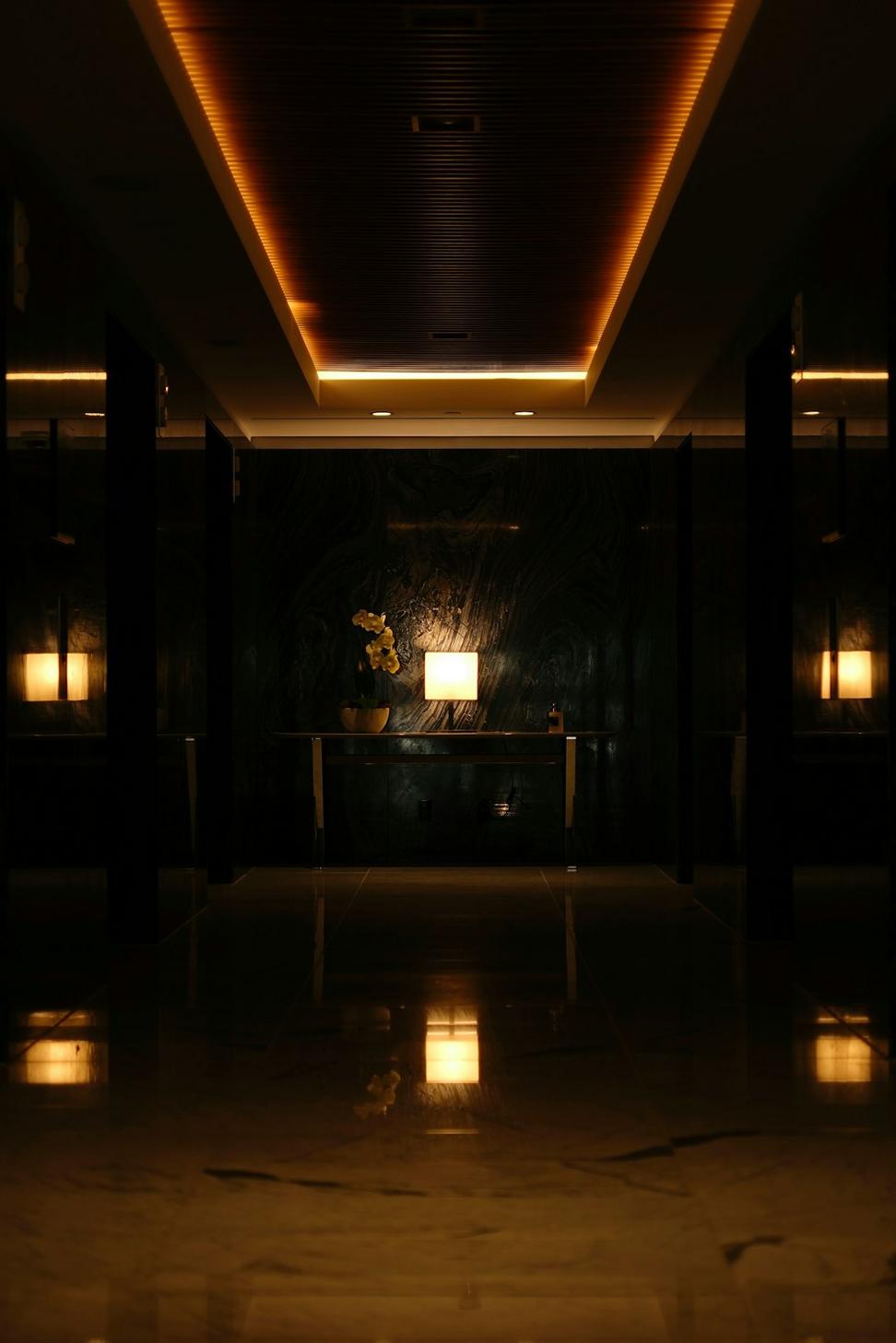 Hotel interior with warm twilight ambiance